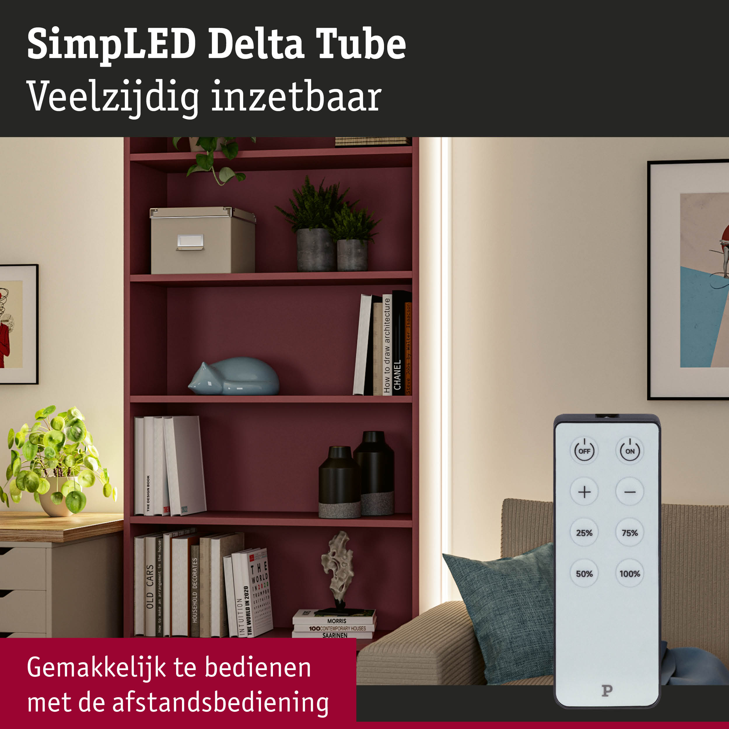 Witte afstandsbediening voor LED-licht met helderheidsknoppen in een moderne woonkamer