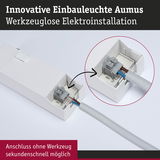 Innovative weiße Einbauleuchte mit werkzeugloser Elektroinstallation und schneller Kabelverbindung