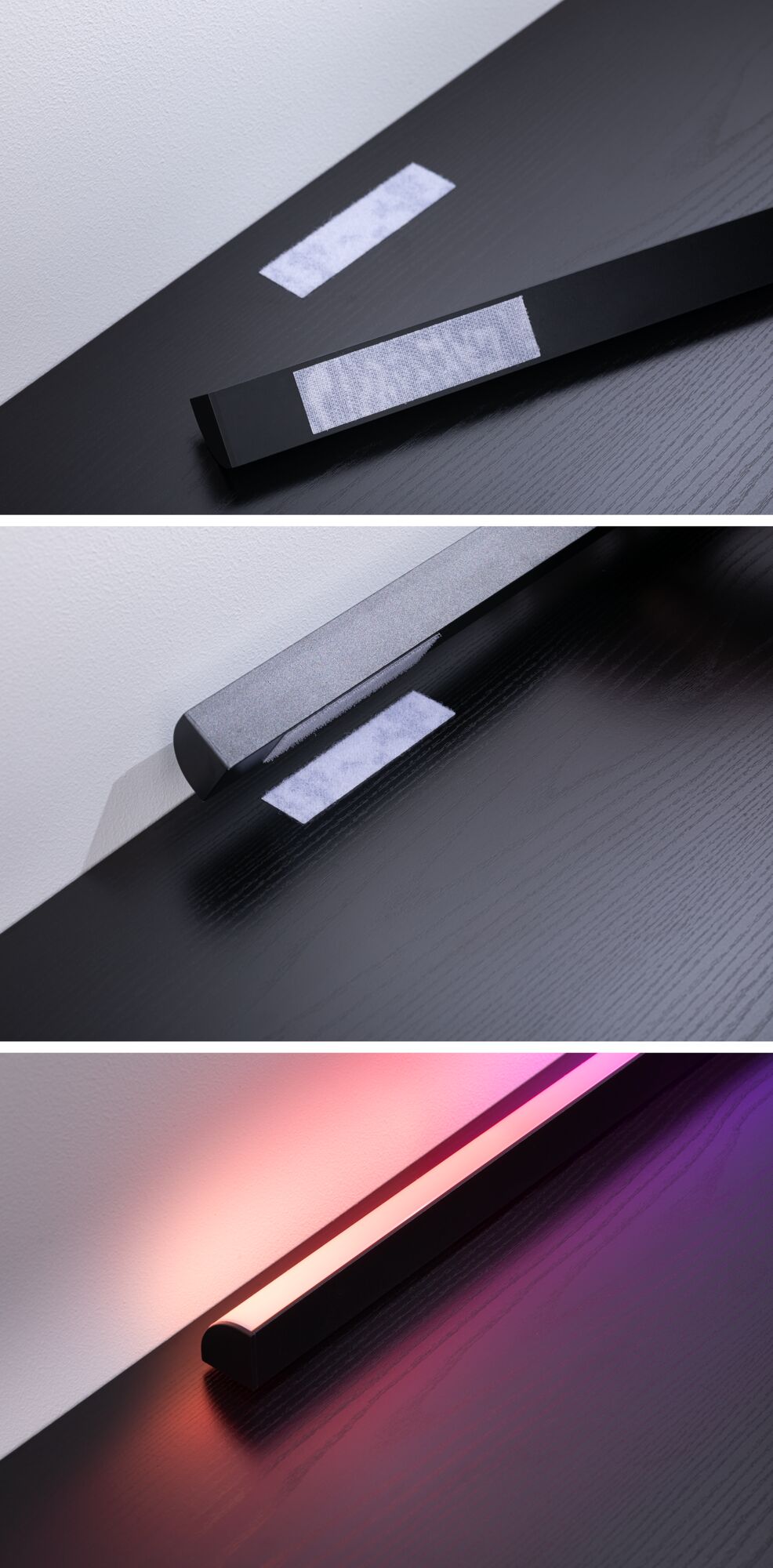 Black LED light bar with Velcro on dark wood, showing installation and warm color lighting effect.