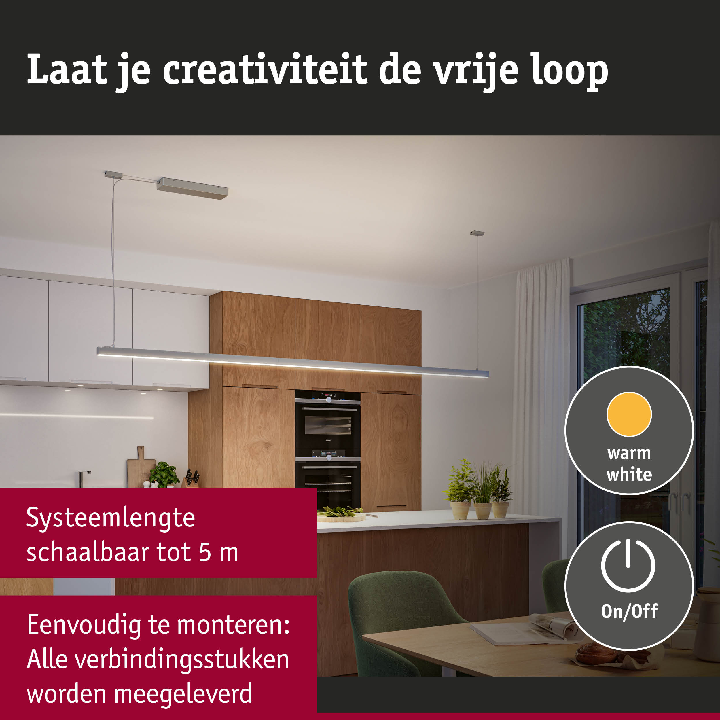 Moderne aluminium LED-hanglamp met warm wit licht boven keuken, dimbaar en eenvoudig te monteren