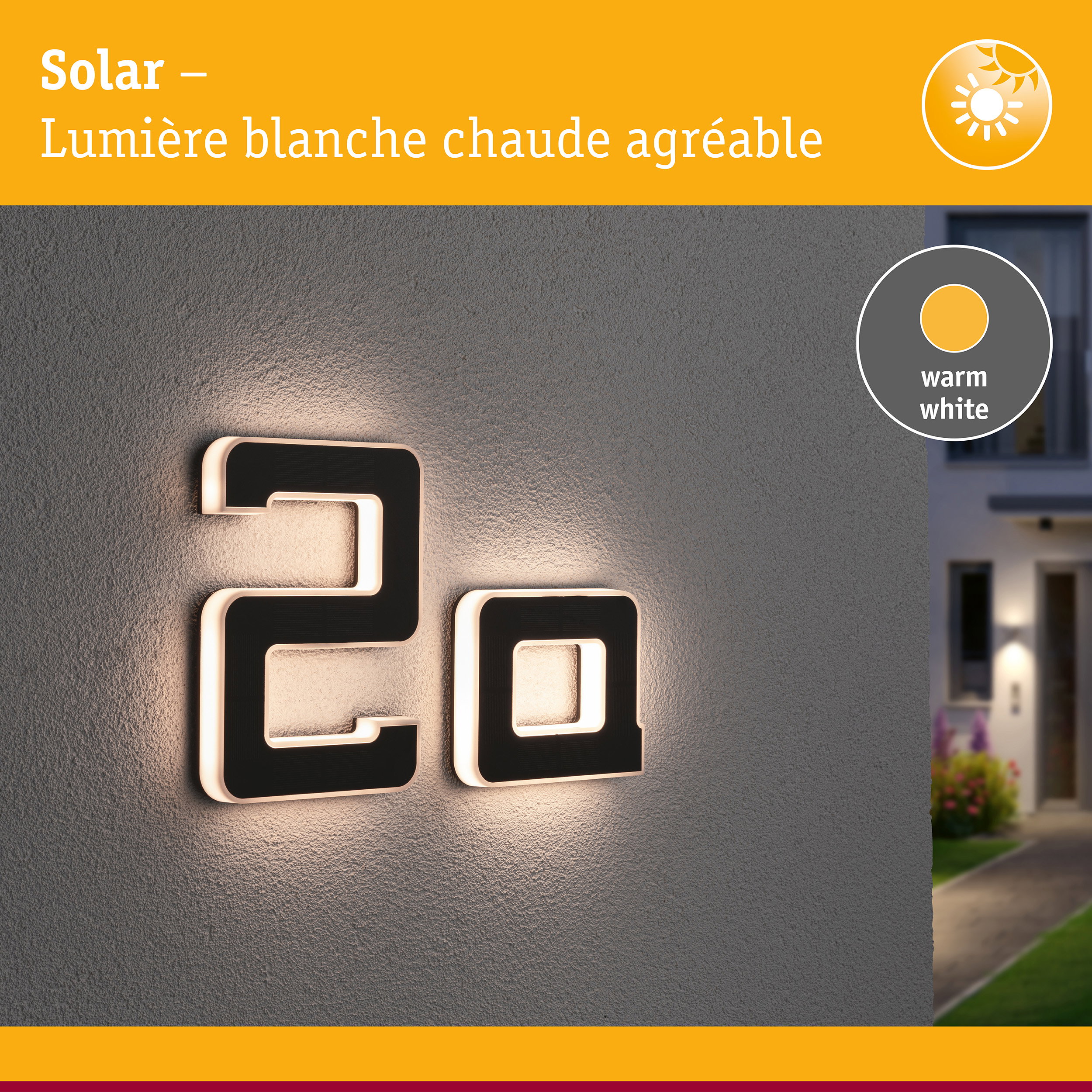 Éclairage solaire avec lumière blanche chaude sur mur, design moderne pour extérieur