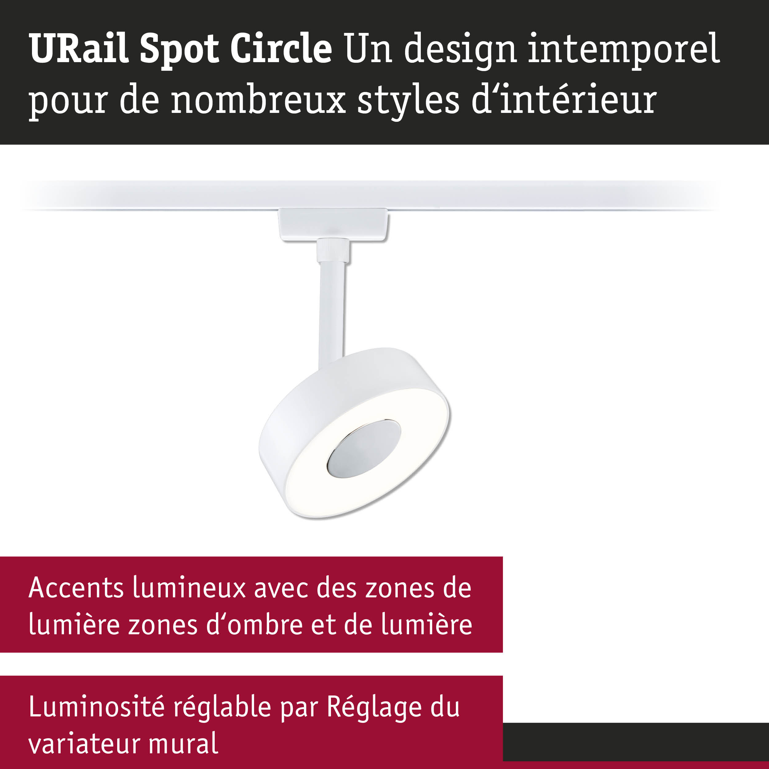 Spot LED URail Spot Circle blanc avec luminosité réglable et design moderne pour intérieur