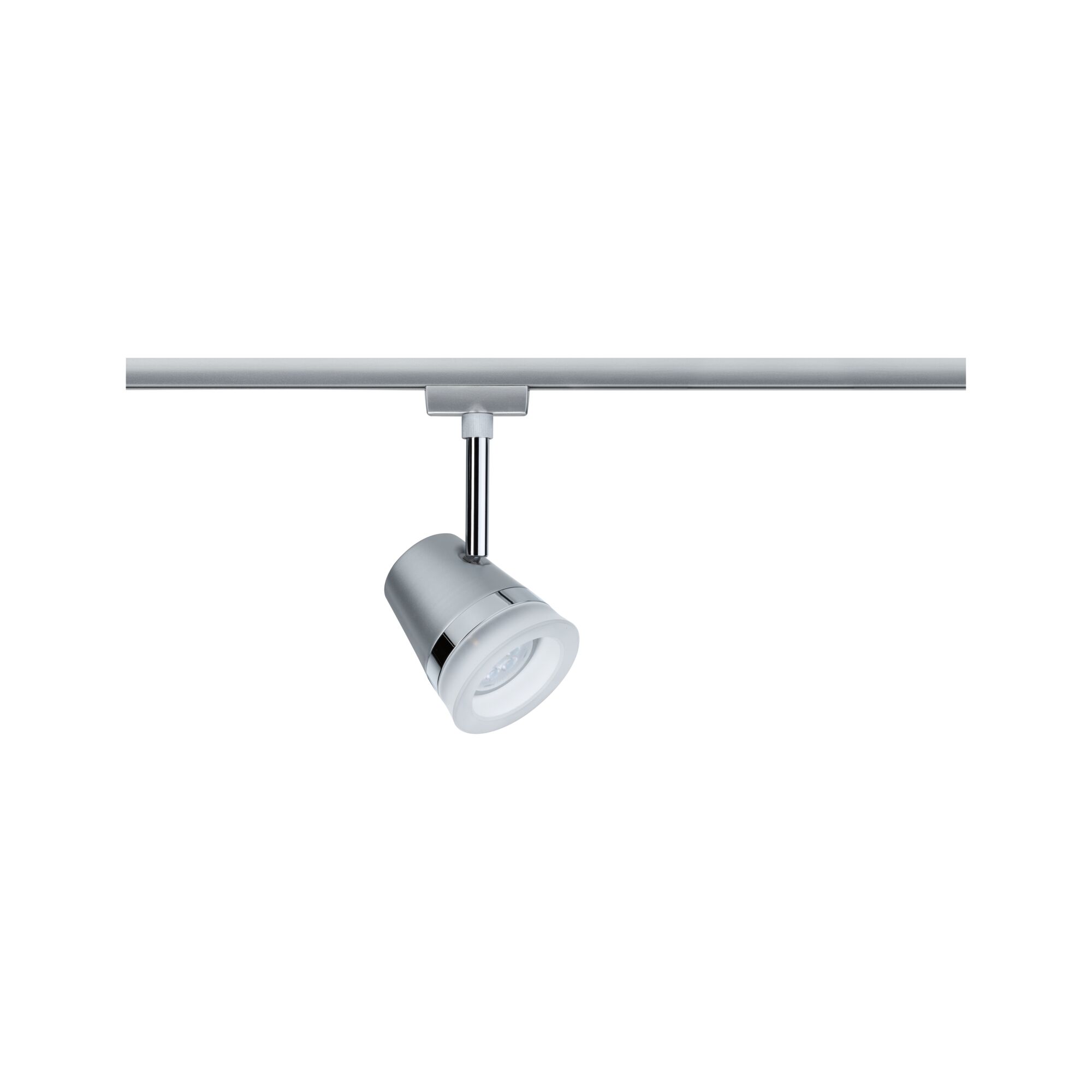 Moderner LED-Strahler aus silbernem Metall an Schienensystem für flexible Raumbeleuchtung