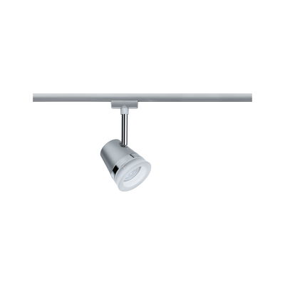 Moderner LED-Strahler aus silbernem Metall an Schienensystem für flexible Raumbeleuchtung