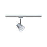 Moderner LED-Strahler aus silbernem Metall an Schienensystem für flexible Raumbeleuchtung