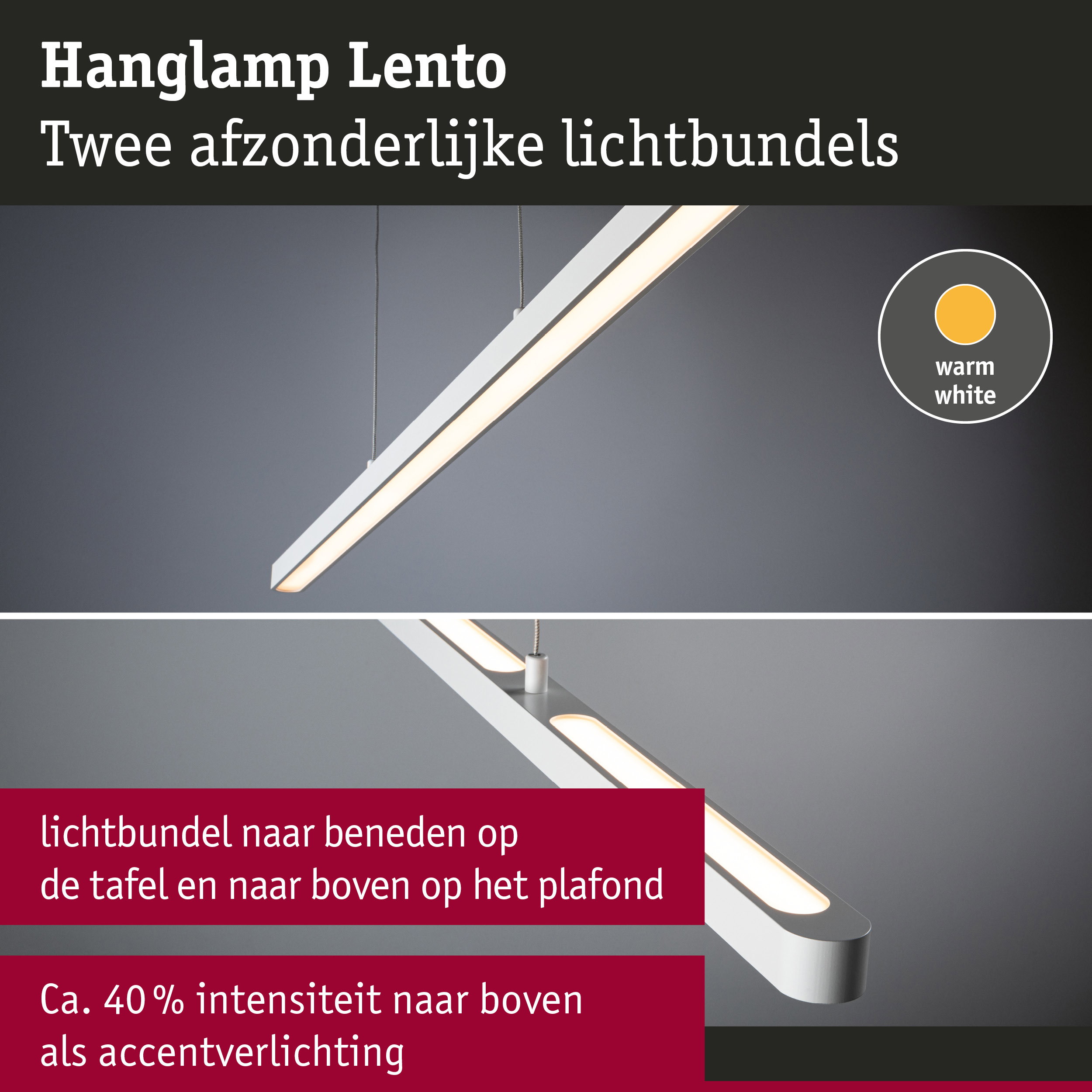 Witte LED-hanglamp Lento met twee lichtbundels en warm wit licht voor moderne verlichting
