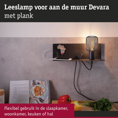 Devara zwarte metalen wandlamp met plank, warm licht, flexibel gebruik in slaapkamer, woonkamer of keuken