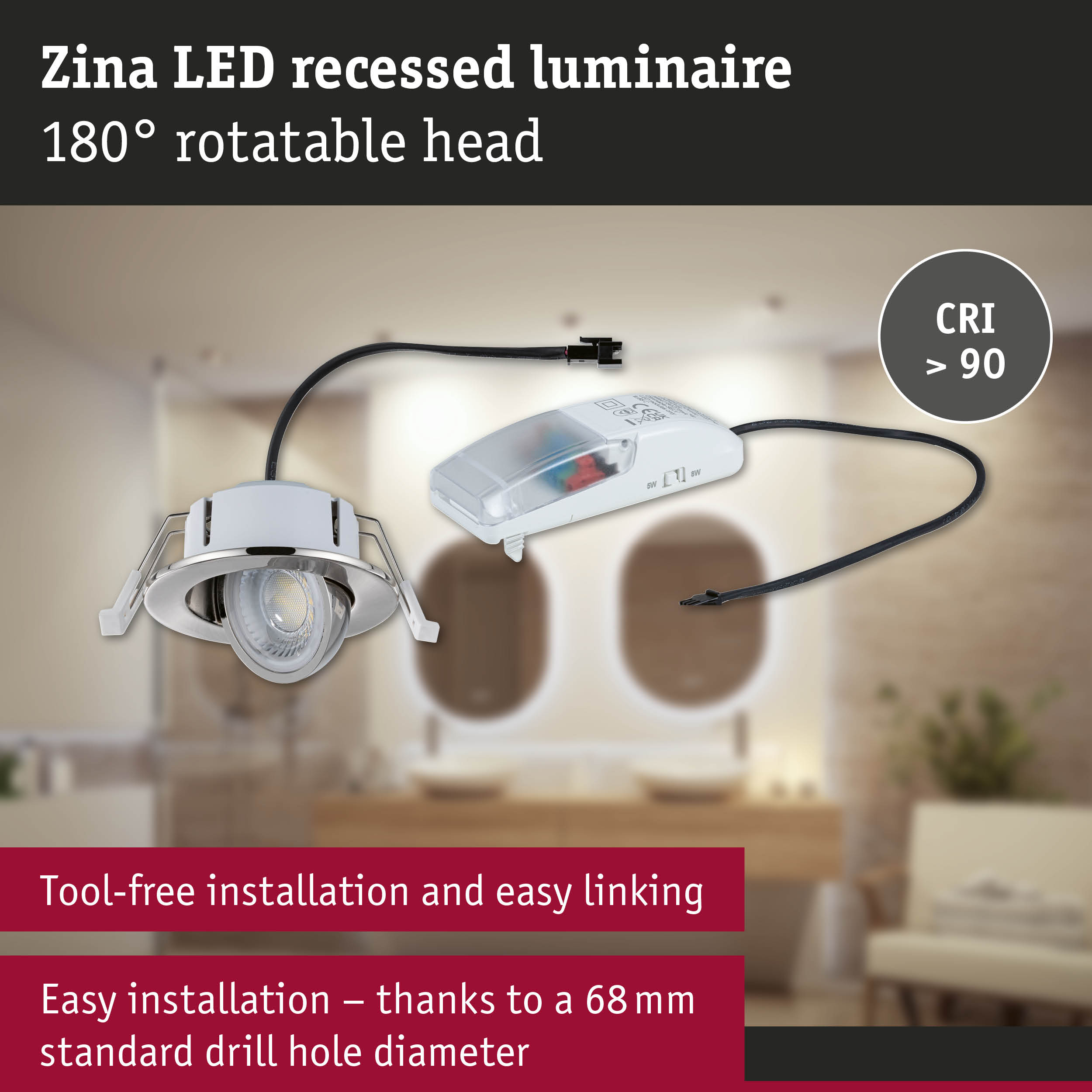 Zina white LED recessed spotlight with 180° rotatable head and CRI over 90 for home lighting