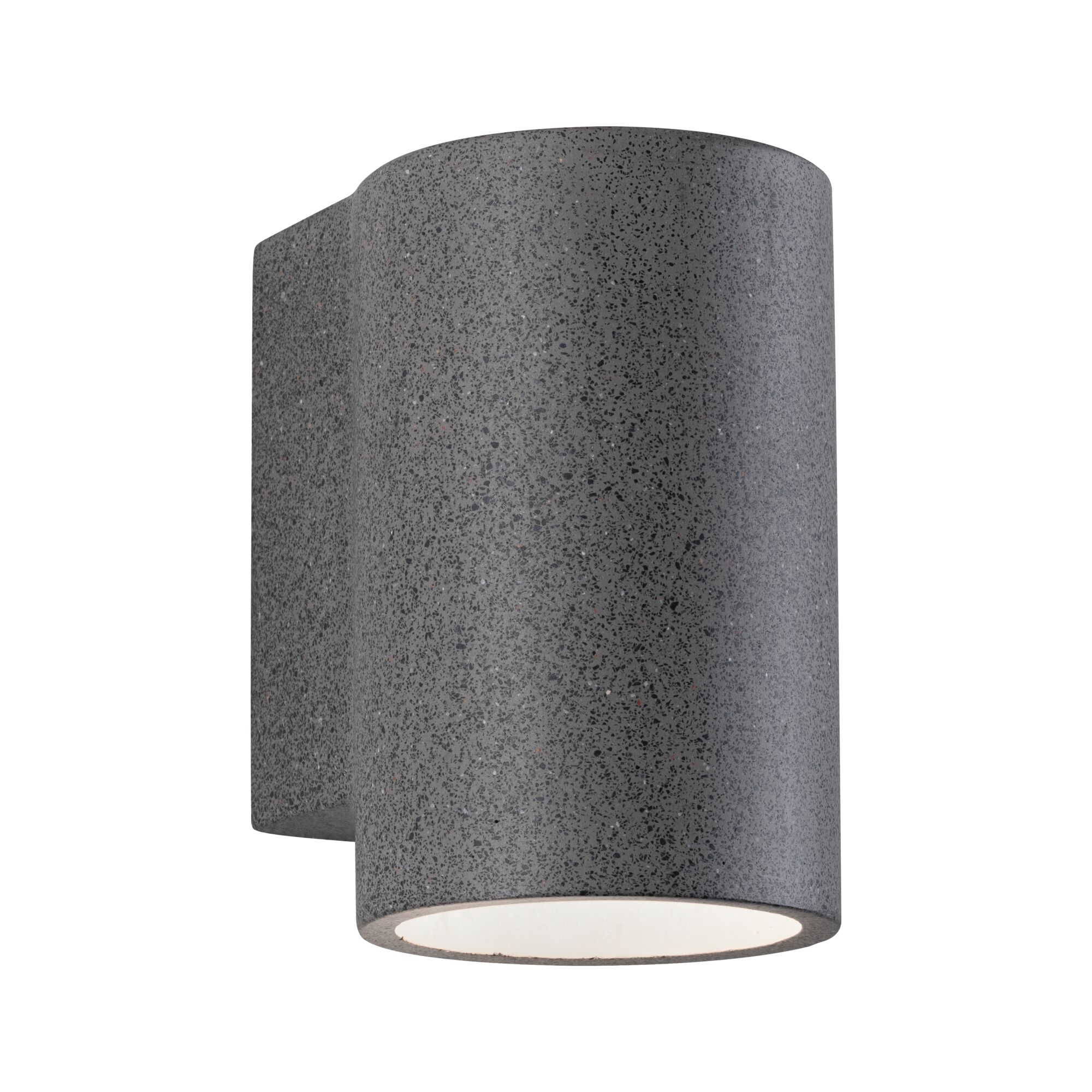 Grijze buitenwandlamp met gestructureerd oppervlak en rond ontwerp voor moderne buitenverlichting