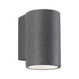 Grijze buitenwandlamp met gestructureerd oppervlak en rond ontwerp voor moderne buitenverlichting