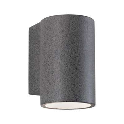 Grijze buitenwandlamp met gestructureerd oppervlak en rond ontwerp voor moderne buitenverlichting