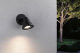 Black metal outdoor wall light with warm white LED for garden and terrace lighting