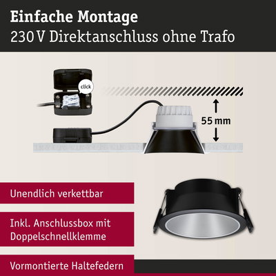 Schwarzer Einbaustrahler mit Anschlussbox und Doppelschnellklemme, 55 mm Einbautiefe, einfache Montage