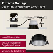 Schwarzer Einbaustrahler mit 55 mm Einbautiefe und Anschlussbox für 230 V Direktanschluss ohne Trafo