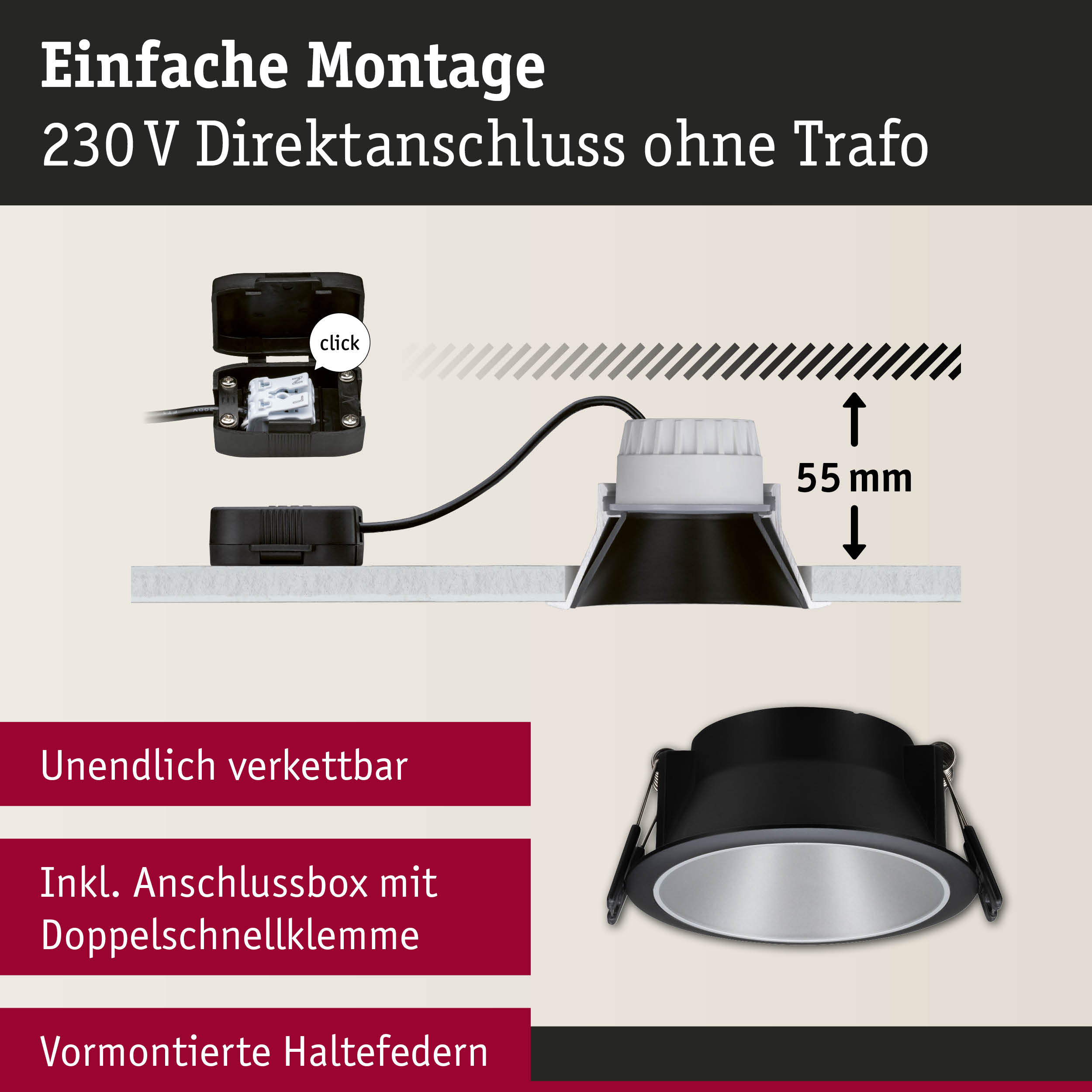 Schwarzer Einbaustrahler mit 55 mm Einbautiefe und Anschlussbox für 230 V Direktanschluss ohne Trafo