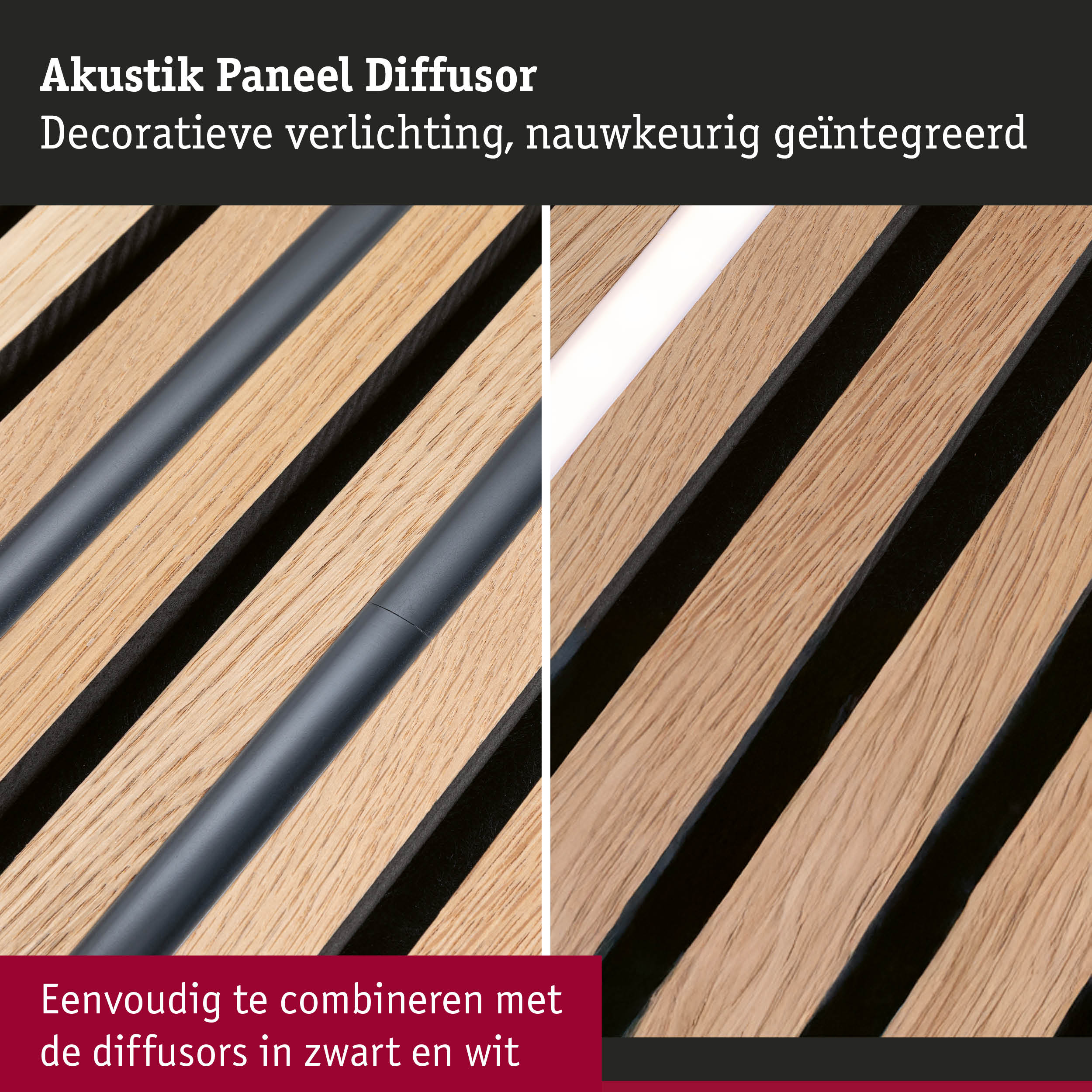 Houten akoestisch paneel diffusor met geïntegreerde decoratieve verlichting in zwart en wit