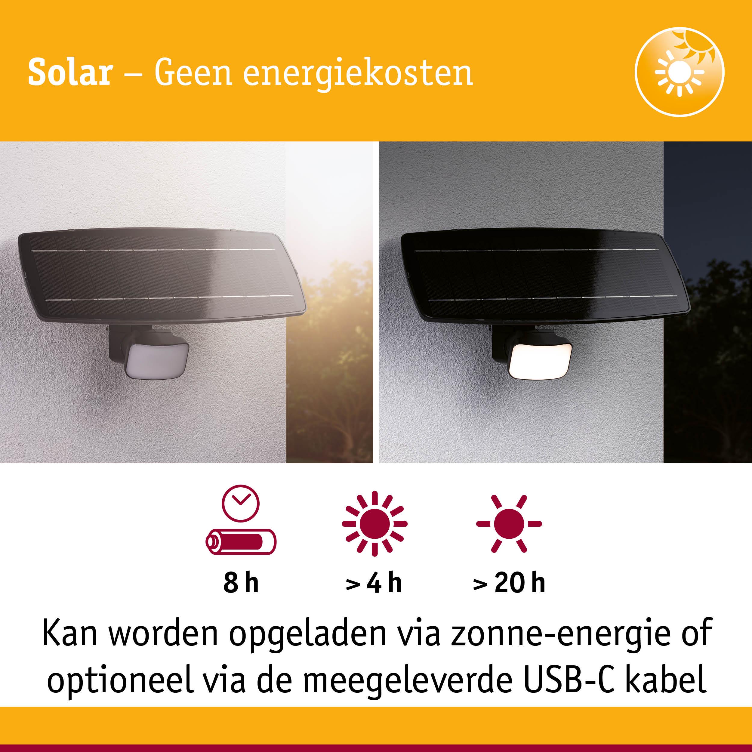 Zonne-energie buitenlamp met zwart zonnepaneel en wit LED-licht, oplaadbaar via zon of USB-C kabel