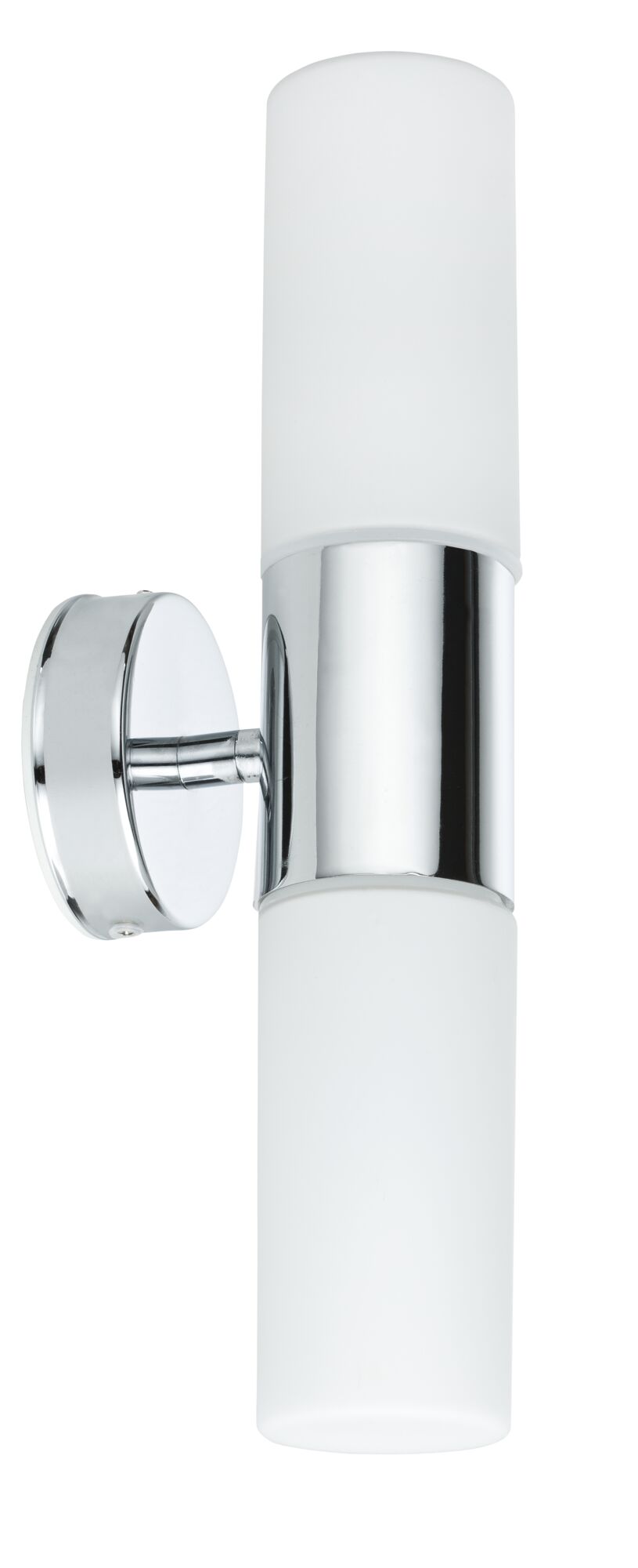 Modern wall light with frosted white glass and chrome metal for stylish indoor lighting