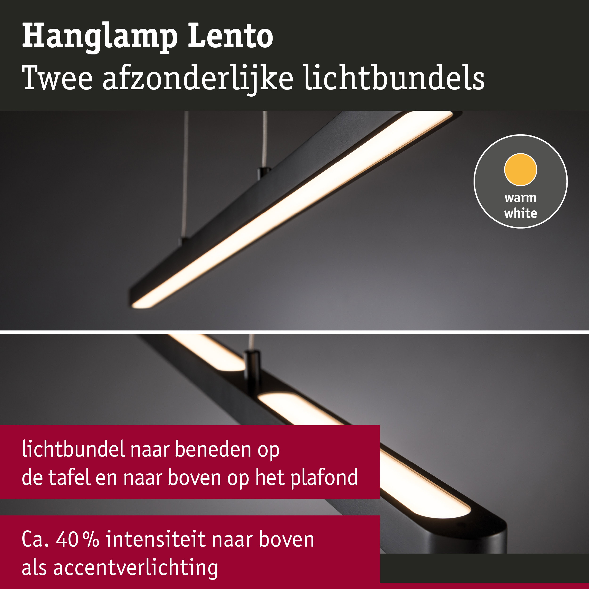 Zwarte LED-hanglamp Lento met warm wit licht en twee afzonderlijke lichtbundels