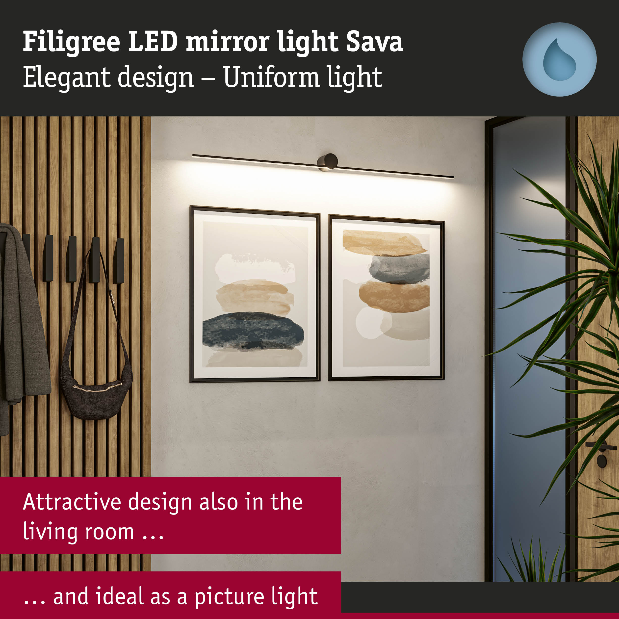 Filigree black LED mirror light Sava with uniform illumination ideal for living room and picture lighting