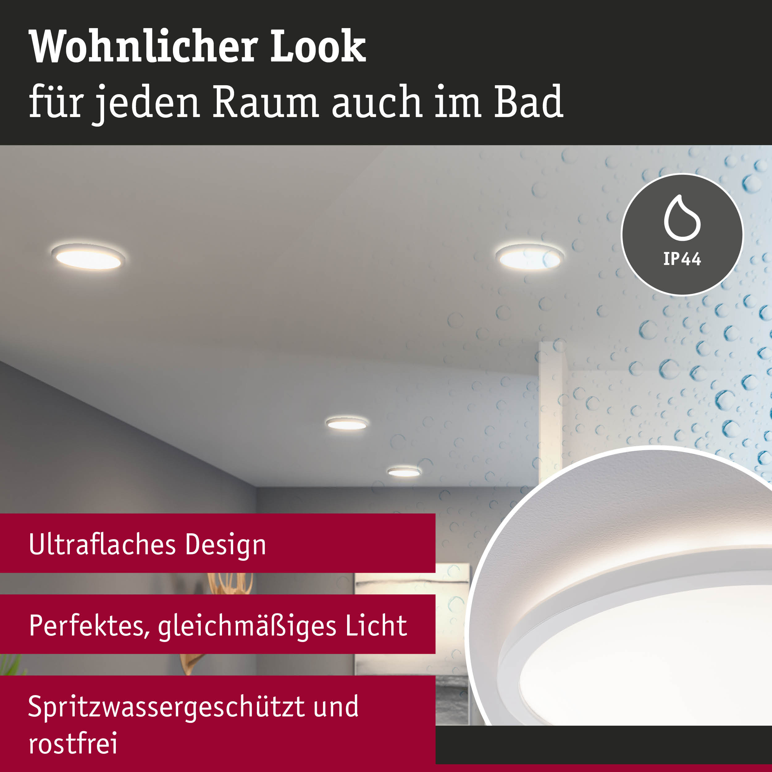 Ultraflache weiße LED-Deckenleuchte mit IP44 Schutz für Badezimmer, spritzwassergeschützt und rostfrei