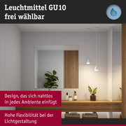 Modernes Badezimmer mit Holzwaschtisch, Spiegel und weißen GU10 LED Pendelleuchten für flexible Lichtgestaltung