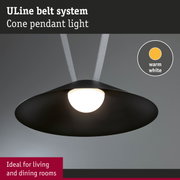 Black ULine Belt System metal cone pendant light with warm white illumination for living and dining rooms