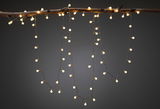 Guirlande LED blanc chaud avec petites ampoules suspendues à une branche marron pour déco chaleureuse.