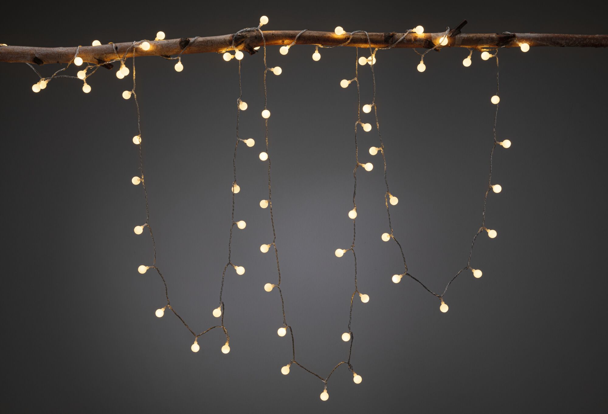 Warm white LED string lights with small bulbs hanging from a brown branch for cozy decoration.