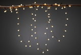 Warm white LED string lights with small bulbs hanging from a brown branch for cozy decoration.