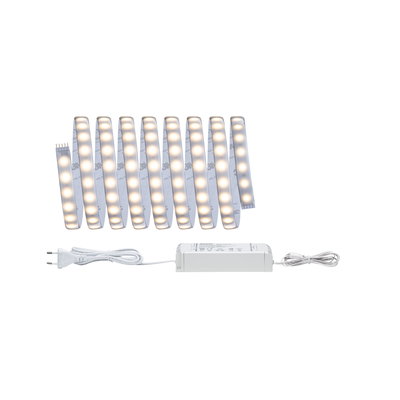 Flexible LED strip with warm white lights and white power supply for versatile lighting solutions