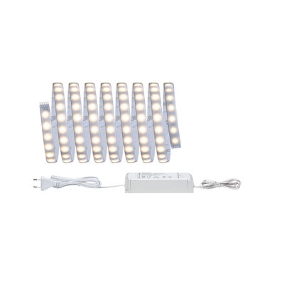 Flexible LED strip with warm white lights and white power supply for versatile lighting solutions