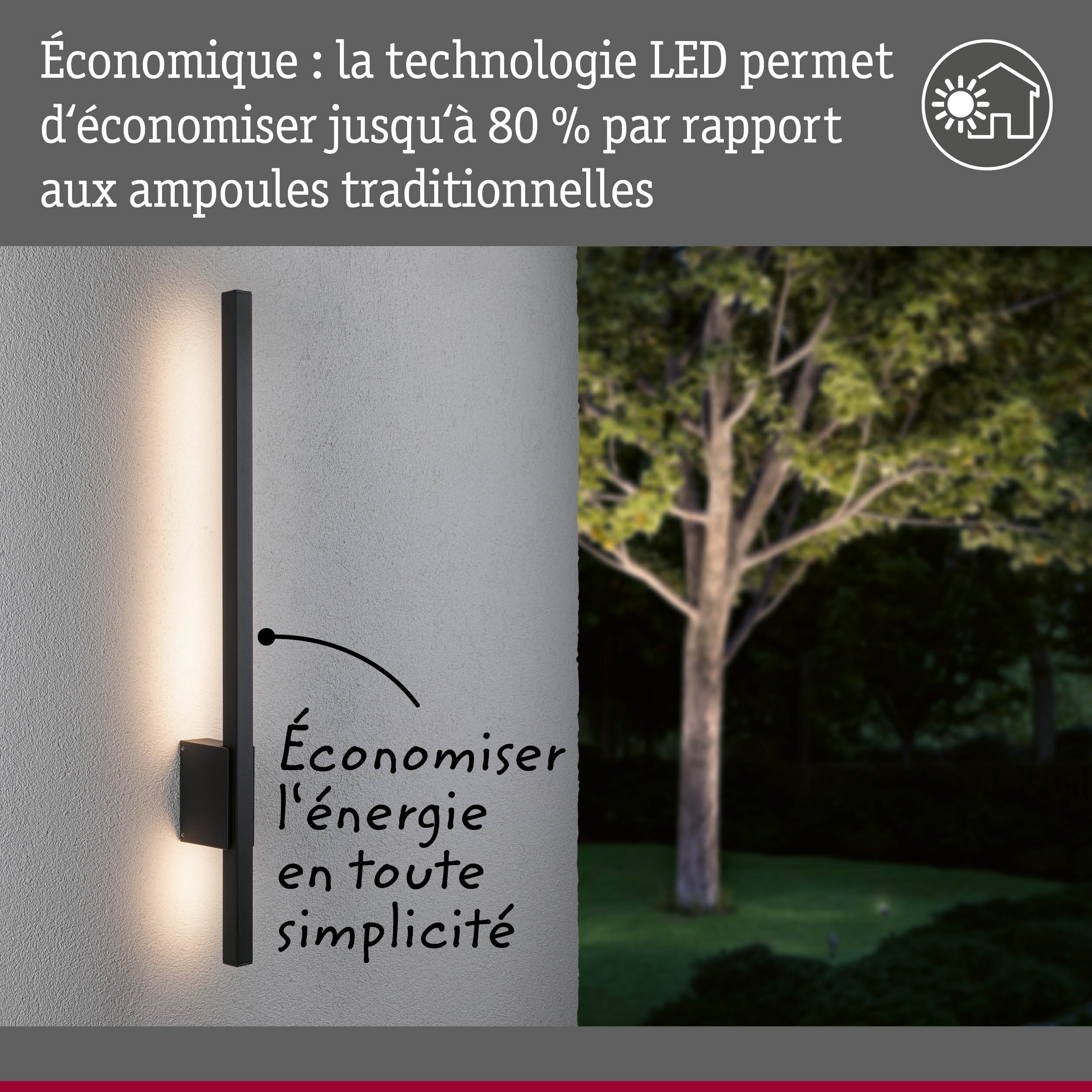 Applique murale LED noire sur mur gris avec lumière blanche chaude, éclairage extérieur économique
