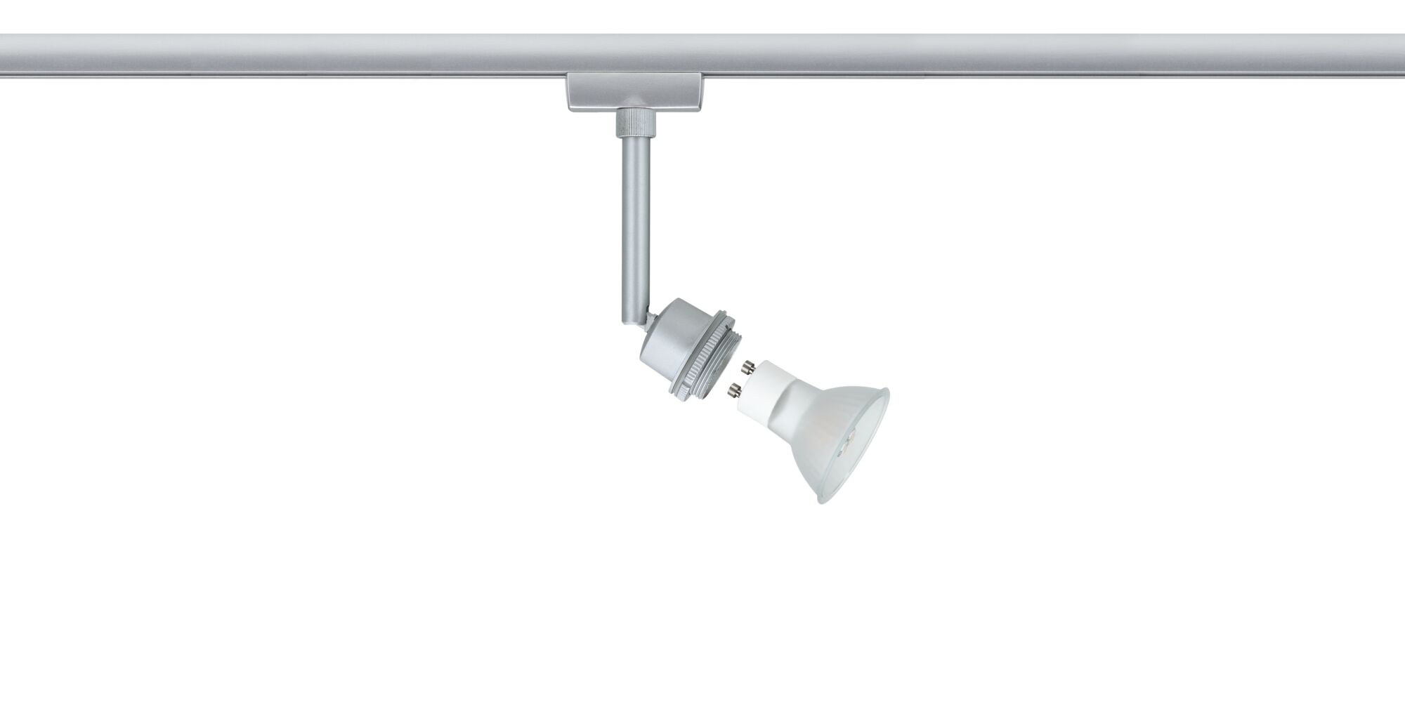Silver track light with detachable GU10 LED spotlight made of glass for flexible lighting