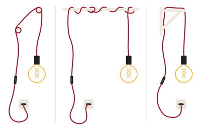 Illustration of three red cables with switches and yellow bulbs plugged into sockets for LED lighting.
