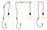 Illustration of three red cables with switches and yellow bulbs plugged into sockets for LED lighting.