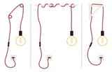 Illustration of three red cables with switches and yellow bulbs plugged into sockets for LED lighting.