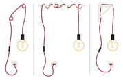 Illustration rotes Kabel mit Glühbirne und Schalter zeigt drei verschiedene Aufhängemöglichkeiten für Lampen.