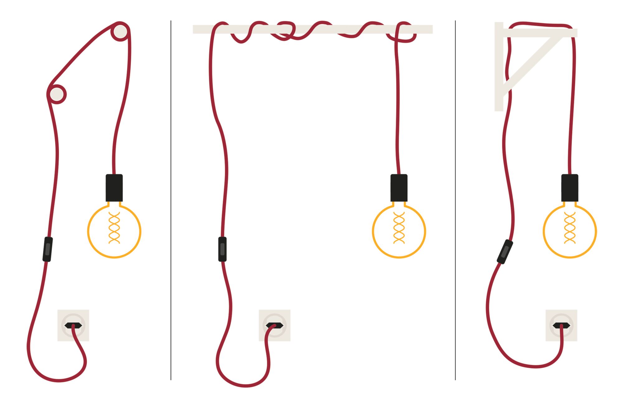 Illustration rotes Kabel mit Glühbirne und Schalter zeigt drei verschiedene Aufhängemöglichkeiten für Lampen.