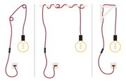 Illustration of red cable with bulb and switch showing three different lamp hanging options.