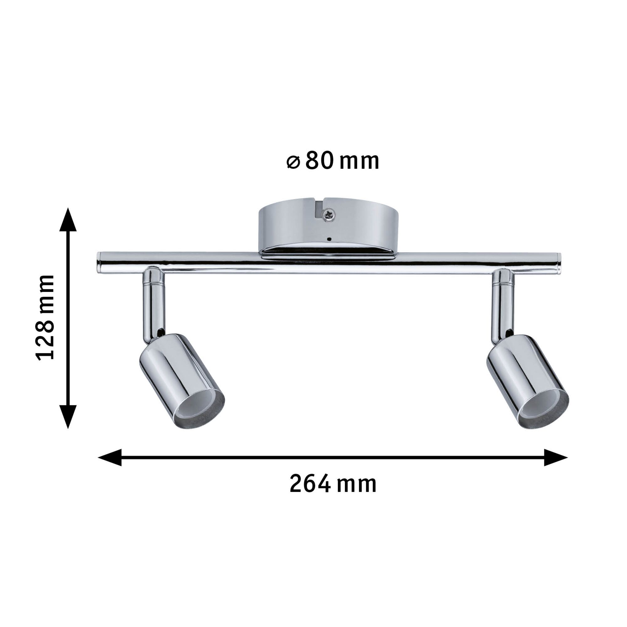 Chromfarbener LED-Deckenstrahler mit zwei verstellbaren Spots und Maßen 264x128 mm für Wohnräume