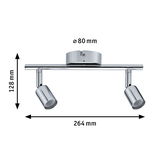 Chromfarbener LED-Deckenstrahler mit zwei verstellbaren Spots und Maßen 264x128 mm für Wohnräume