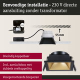 Zwarte vierkante LED inbouwspot met gouden reflector en 230V directe aansluiting voor eenvoudige installatie