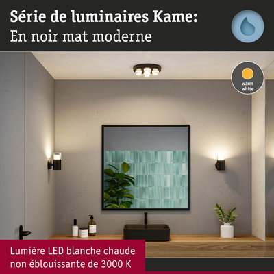 Luminaires Kame noirs mats LED avec lumière blanche chaude dans une salle de bain moderne