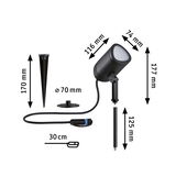 Black LED outdoor spotlight with ground spike and cable, dimensions 177x74x116 mm, weatherproof