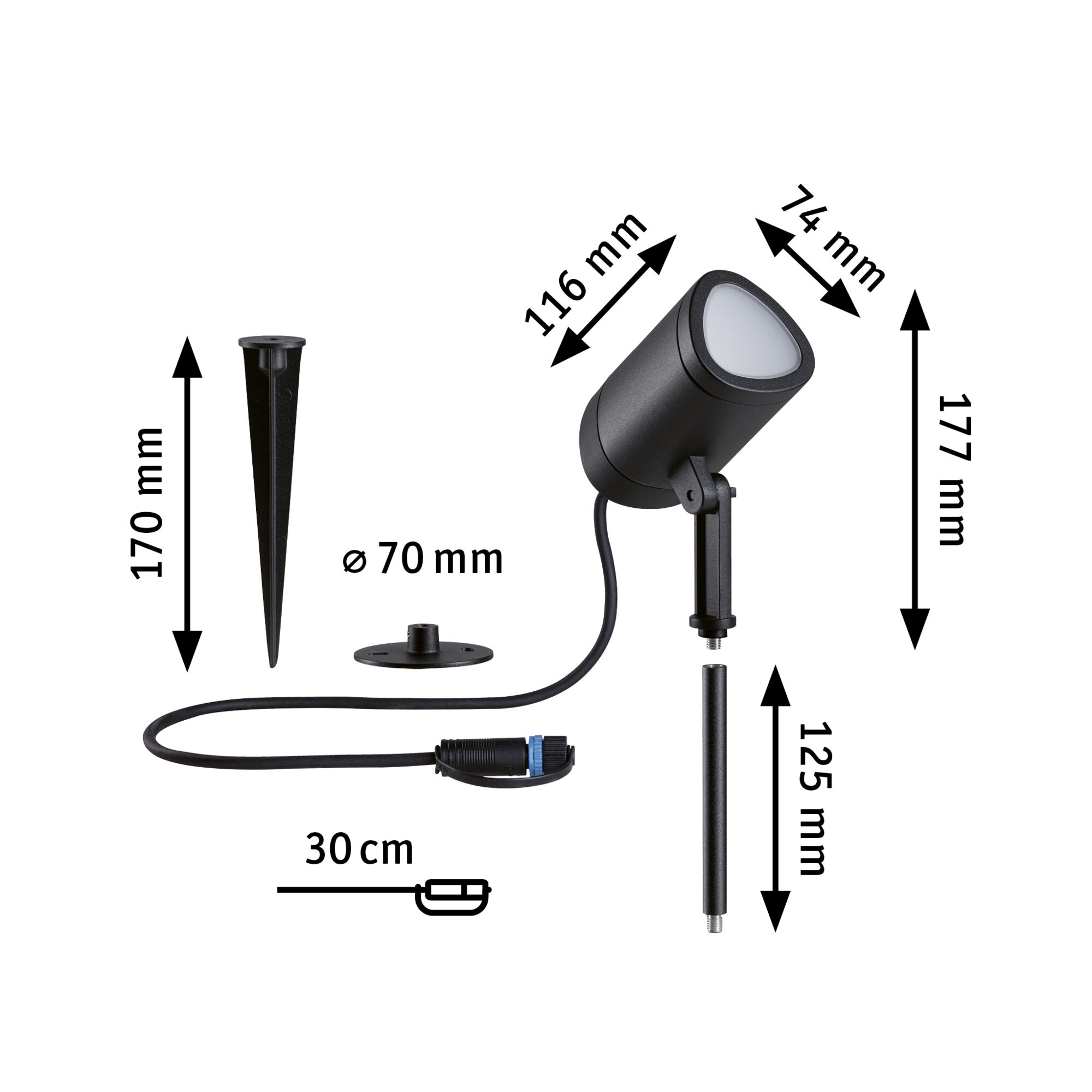 Projecteur LED extérieur noir avec piquet et câble, dimensions 177x74x116 mm, matériau résistant aux intempéries
