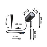 Projecteur LED extérieur noir avec piquet et câble, dimensions 177x74x116 mm, matériau résistant aux intempéries