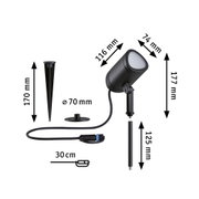 Schwarze LED-Außenleuchte mit Erdspieß und Kabel, Maße 177x74x116 mm, wetterfestes Material
