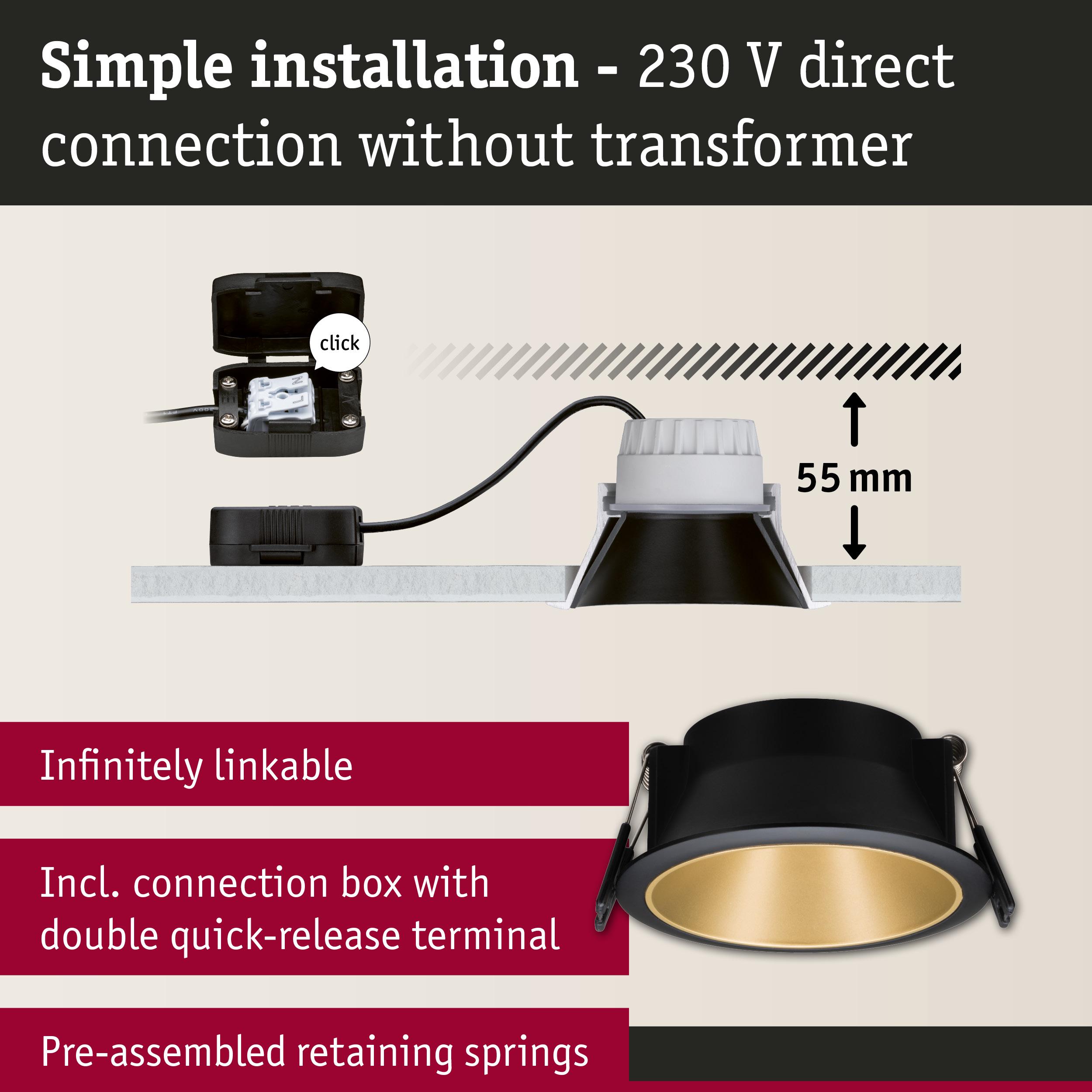 Black recessed spotlight with gold interior, 55 mm installation depth, simple 230 V direct connection lighting