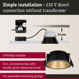 Black recessed spotlight with gold interior, 55 mm installation depth, simple 230 V direct connection lighting